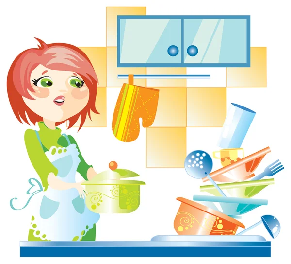 Woman on kitchen horrified by the dirty dishes — Stock Vector