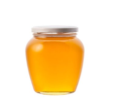 Beyaz arkaplanda izole edilmiş doğal bal kavanozu.