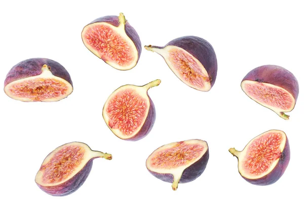 Set Fresh Figs Sliced Halves Isolated White Background — Stock Photo, Image