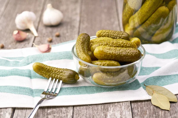 Marinated Cucumbers Herbs Spices Wooden Background Top View Preparing Sour — Stock Photo, Image