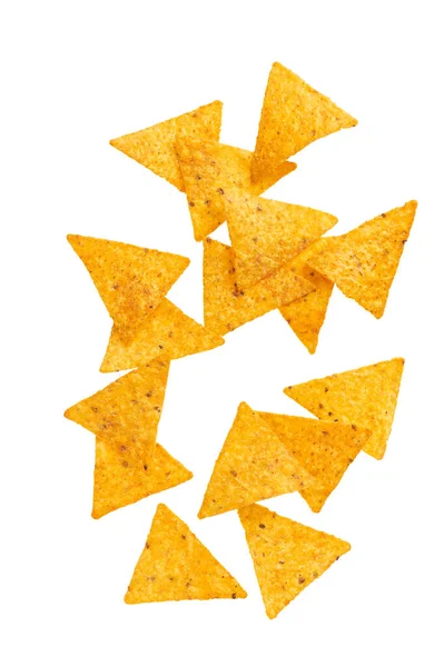 Mexicaanse Nachos Chips Vallen Geïsoleerd Witte Achtergrond Met Clipping Pad — Stockfoto