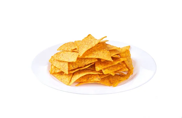 Weißer Teller Mit Mais Tortilla Chips Isoliert Auf Weißem Hintergrund — Stockfoto