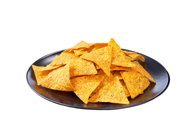 Svart Platta Majs Tortilla Chips Eller Nachos Isolerad Vit Bakgrund — Stockfoto