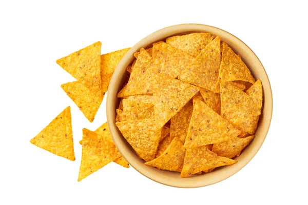 Trä Skål Med Mexikanska Nachos Chips Isolerad Vit Bakgrund — Stockfoto