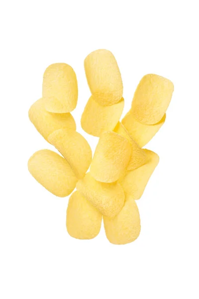 Batatas Fritas Crocantes Caindo Isoladas Fundo Branco Com Caminho Recorte — Fotografia de Stock