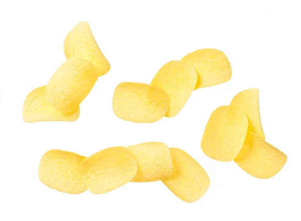 Conjunto Diferentes Batatas Fritas Crocantes Isoladas Fundo Branco — Fotografia de Stock