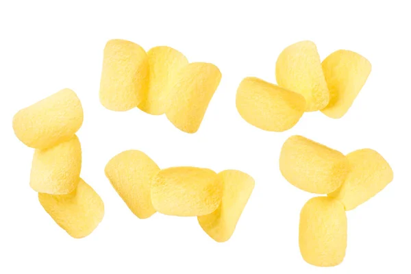 Uppsättning Olika Krispiga Chips Isolerad Vit Bakgrund — Stockfoto