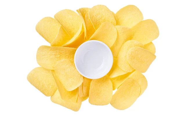 Monte Batatas Fritas Crocantes Molho Isolado Fundo Branco Vista Superior — Fotografia de Stock