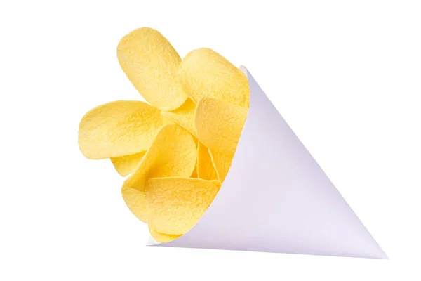 Batatas Fritas Crocantes Cone Papel Takeaway Isolado Fundo Branco Vista — Fotografia de Stock