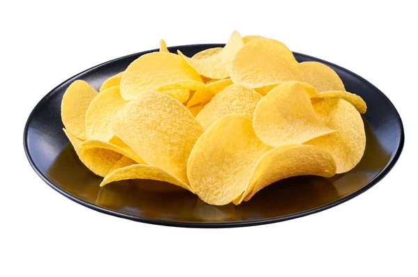 Beyaz arka planda izole edilmiş siyah patates cipsi tabağı..