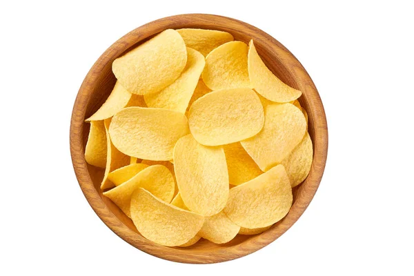Wooden Bowl Crispy Potato Chips Isolated White Background — Stock Photo, Image