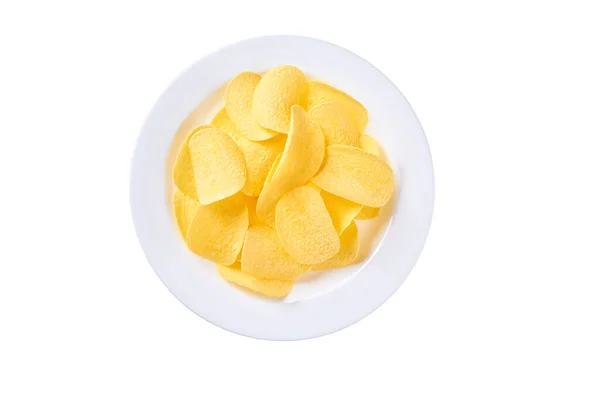 Prato Branco Deliciosas Batatas Fritas Isoladas Fundo Branco — Fotografia de Stock