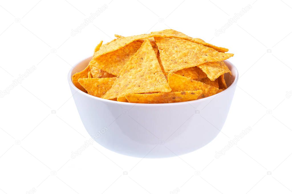 white bowl of delicious mexican nachos chips isolated on a white background.