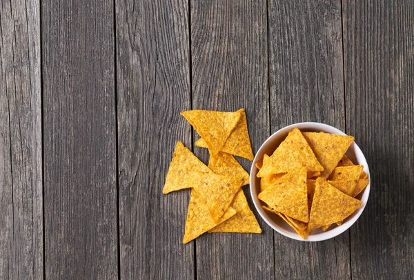 Mexican Nachos Chips Ceramic Bowl Rustic Table Copy Space Text — Stock Photo, Image