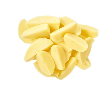 wedges of raw potatoes isolated on white background top view.