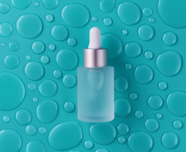 Bottle Hydrating Facial Serum Bubbles Blue Background Top View — Stock Photo, Image