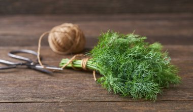 Bir makas ve iple ahşap bir masada bir demet taze dereotu. Seçici odak, kırsal biçim.