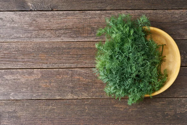 Raw Organic Dill Wooden Bowl Table Selective Focus Rustic Style — Stock Photo, Image