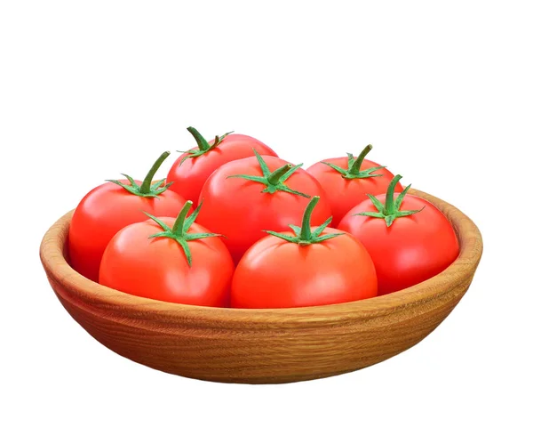 Reife Rote Tomaten Einer Holzschale Isoliert Auf Weißem Hintergrund — Stockfoto