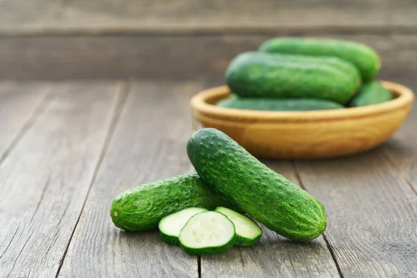 Organic Cucumber Wooden Table Copy Space Text — Stock Photo, Image