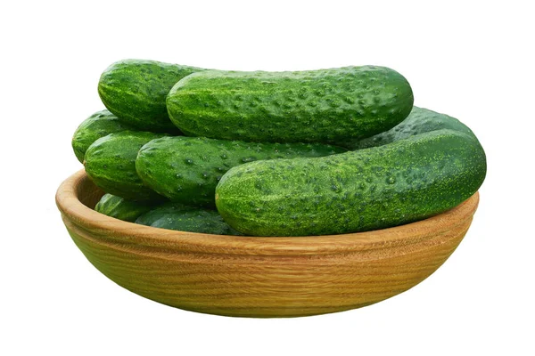Organiccucumbers Wooden Bowl Isolated White Background Fresh Cucumber Lot Cucumbers — Stock Fotó