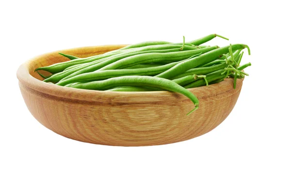 Organic Green Beans Wooden Bowl Isolated White Background — Stock Photo, Image