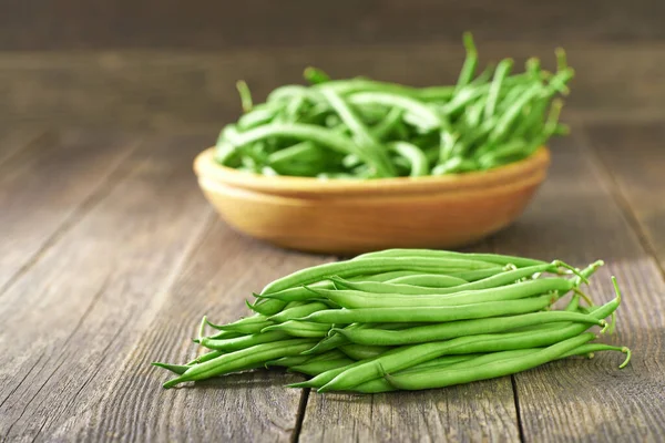 Bio Grüne Bohnen Auf Rustikalem Holztisch Platz Für Text — Stockfoto