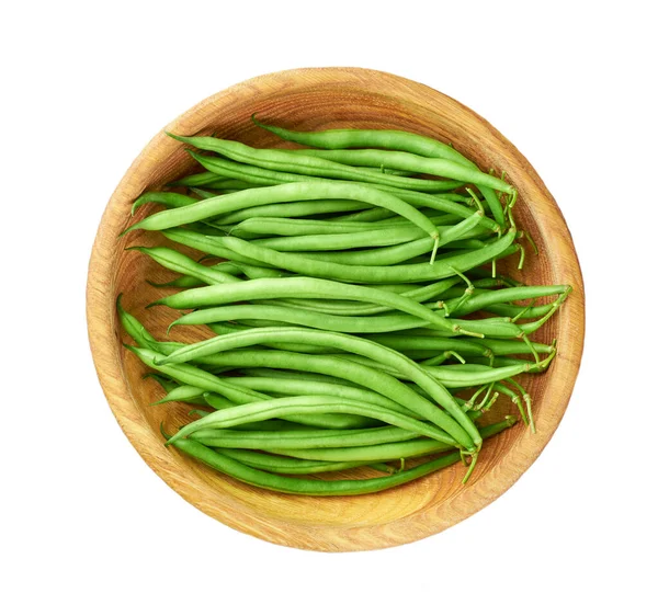 Organic Green Beans Wooden Bowl Isolated White Background Top View — Stock Photo, Image