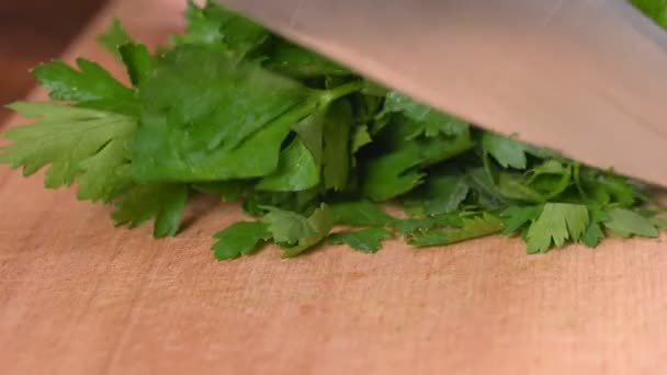 Cutting Fresh Parsley Cutting Board Close Chopping Fresh Parsley Close — Stock Video
