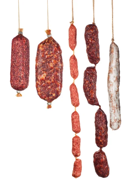 Diverse salami korv isolerad på vit bakgrund — Stockfoto