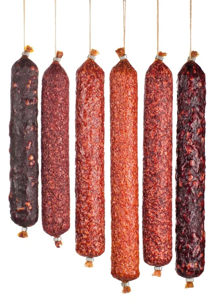 Stort utbud salami korv isolerade — Stockfoto