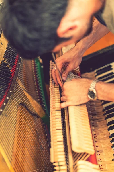 Piano tuning process. closeup of hand and tools of tuner working on grand piano. Detailed view of Upright Piano during a tuning. toned. toned. vertical photo.