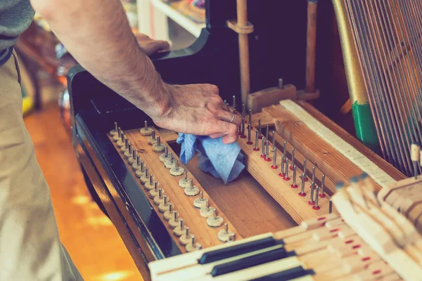 Mengatur Sebuah Piano Tua Sang Master Memperbaiki Sebuah Piano Tua Stok Gambar Bebas Royalti