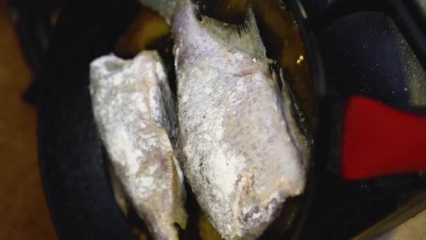 Їжа фотографія риби, приготованої на не паличці на сковороді на плиті в кухонній обстановці. прісноводні риби смажені на сковороді — стокове відео
