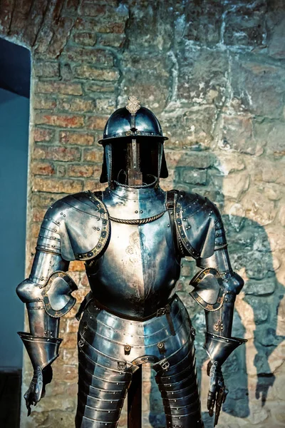 Gallery of knights armor. Knights iron armor in the museum. toned