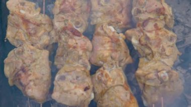Izgarada tavuk pişirmek. Duman. Salamura edilmiş şiş mangal ızgarasında mangal yapmaya hazırlanıyor. Şiş kebap ya da Şiş kebap Doğu Avrupa 'da popüler. ses tonlu