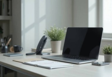 Temiz bir ofis ortamında dizüstü bilgisayar, kırtasiye malzemesi ve doğal ışığın tadını çıkaran saksı bitkileri bulunur..