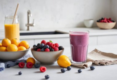 Renkli taze meyve tabakları ve ferahlatıcı içecekler mutfak tezgahında oturup canlı bir atmosfer yaratıyor..