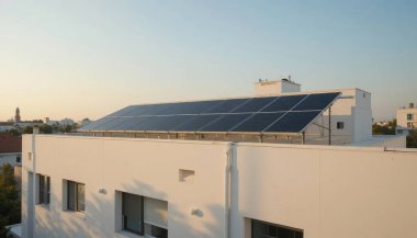 Güneş panelleri, yumuşak ışıklandırmalı sakin bir akşamda çağdaş bir binanın çatısında konumlandırılmıştır..