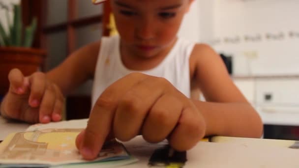 The little boy is counting money — Stock Video