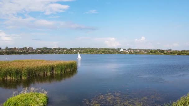 Boot mit weißem Segel auf dem See — Stockvideo