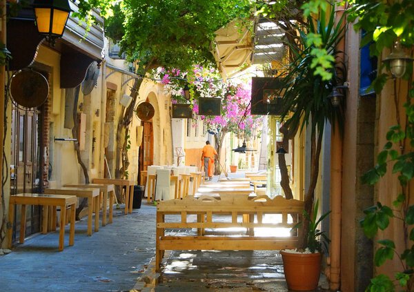 Morning in Rethymno. The narrow and quiet street in the historic city