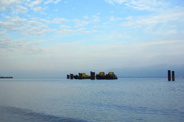 Calm October Morning Sleeping Sea Tugs Shore Vasilievsky Island — Stock Photo, Image
