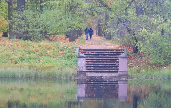 Ciekawy Spacer Chłodny Październikowy Poranek Catherine Park Carskim Selo Most — Zdjęcie stockowe