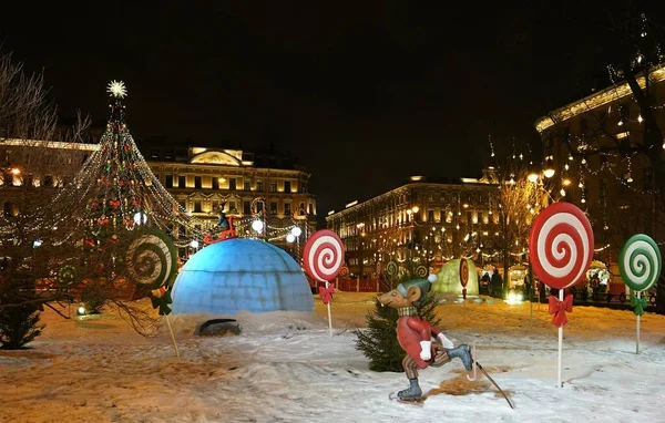 Matin Enneigé Hiver Décorations Électriques Nouvel Dans Centre Ville Foire — Photo