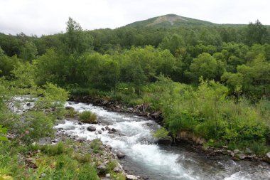 Dağ manzarası, Kamçatka 'da büyüleyici bir yürüyüş, volkanlar diyarında Semenovsky kordonuna yolculuk.