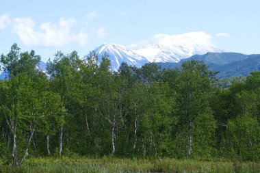 Dağ manzarası, Kamçatka 'da büyüleyici bir yürüyüş, volkanlar diyarı, merkezi kordon.