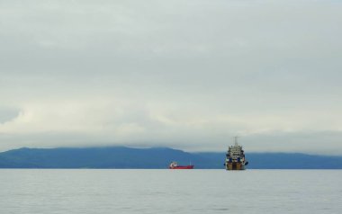 Kasvetli yaz sabahı ve Avacha Körfezi 'ndeki balıkçı filosu Petropavlovsk-Kamçatsky manzaralı.