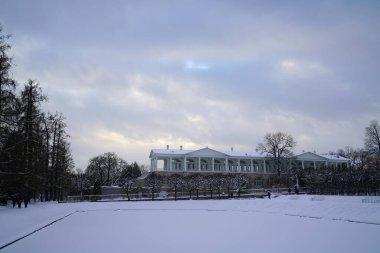 Soğuk bir kış gününde Tsarskoye Selo, Cameron Galerisi 'nde Catherine Park' ta yürümek.