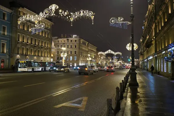 Decoraciones Eléctricas Año Nuevo Navidad Ciudad Perspectiva Nevsky — Foto de Stock